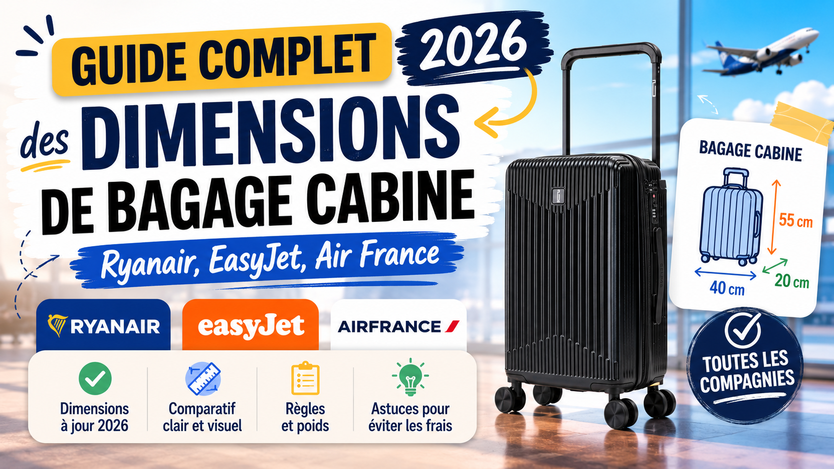 Guide Complet des Dimensions de Bagage Cabine 2026 : Ryanair, EasyJet, Air France