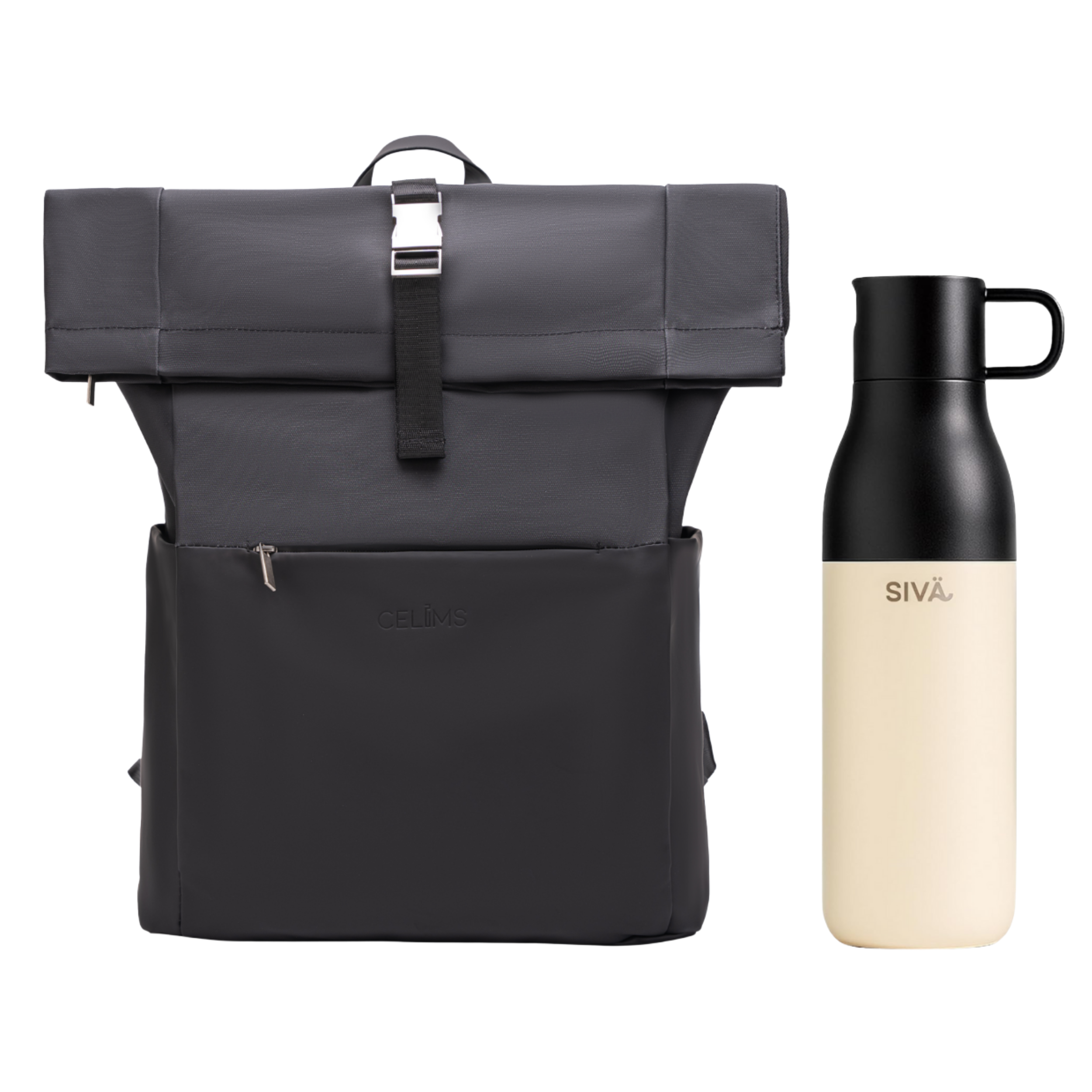 Pack Sac à dos Roll-Top CELIMS + Gourde Filtrante (Filtre Charbon) – Bagage à Main 45×36×20 cm